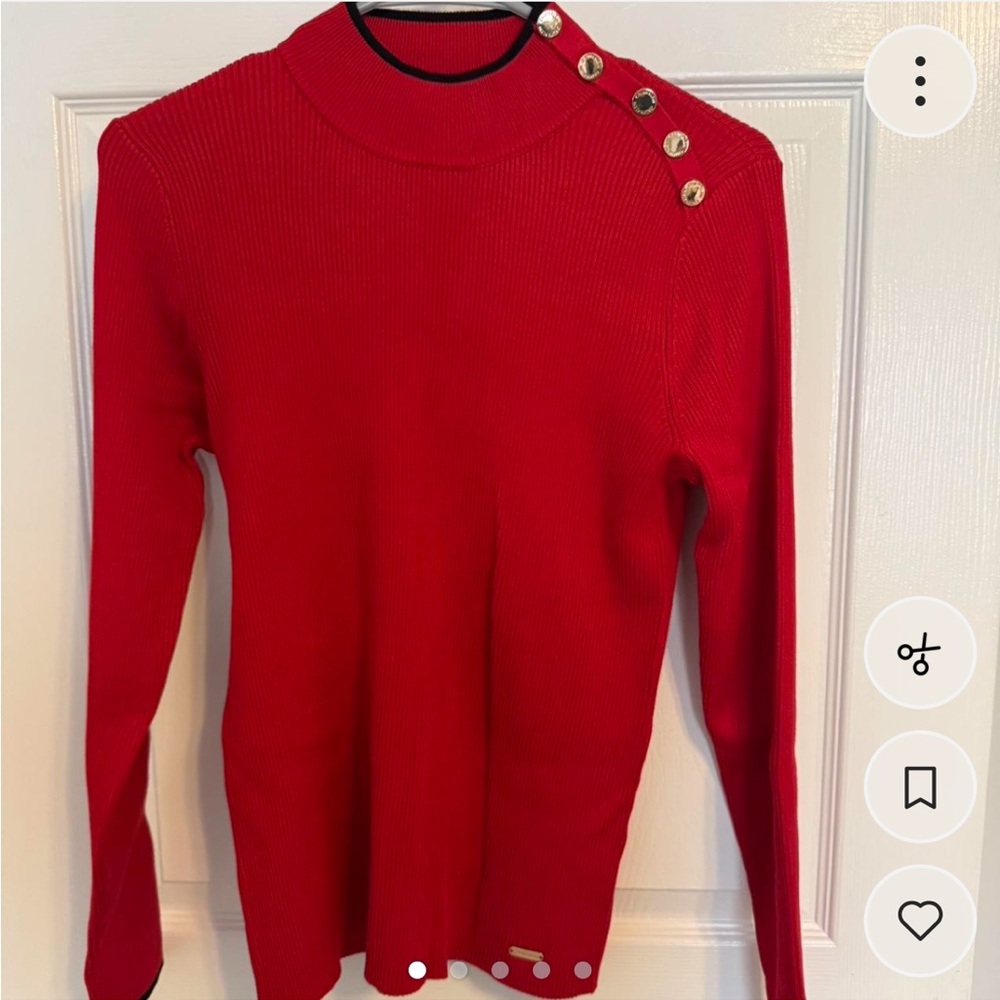 Calvin Klein Red Ribbed Crewneck Sweater with Shoulder Buttons